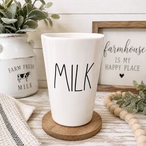 Rae Dunn MILK Cup Melamine Farmhouse Kitchen White Black Lettering Mug